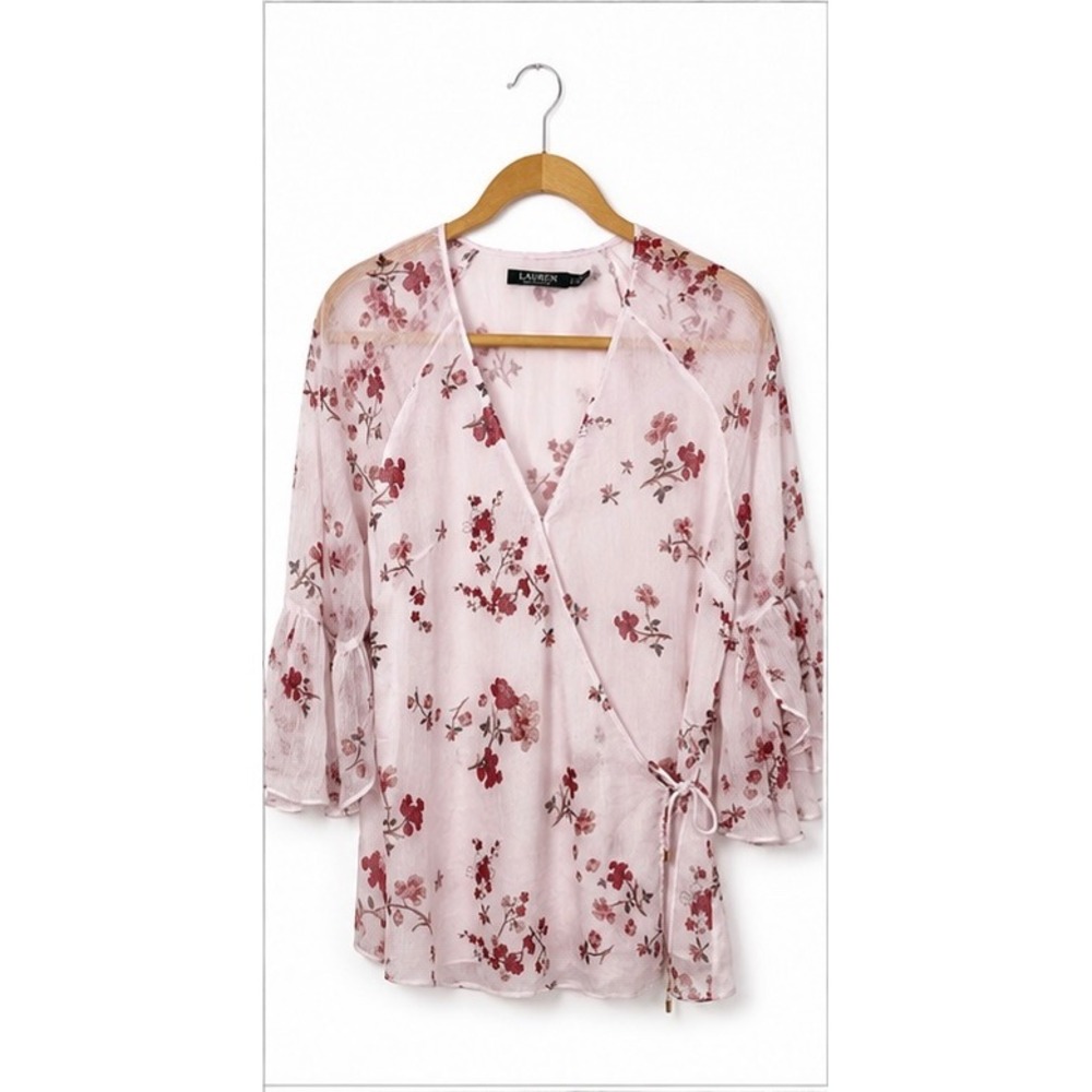 Lauren Ralph Lauren Pink Floral Sheer Wrap Top Ruffle Sleeve V-Neck Large